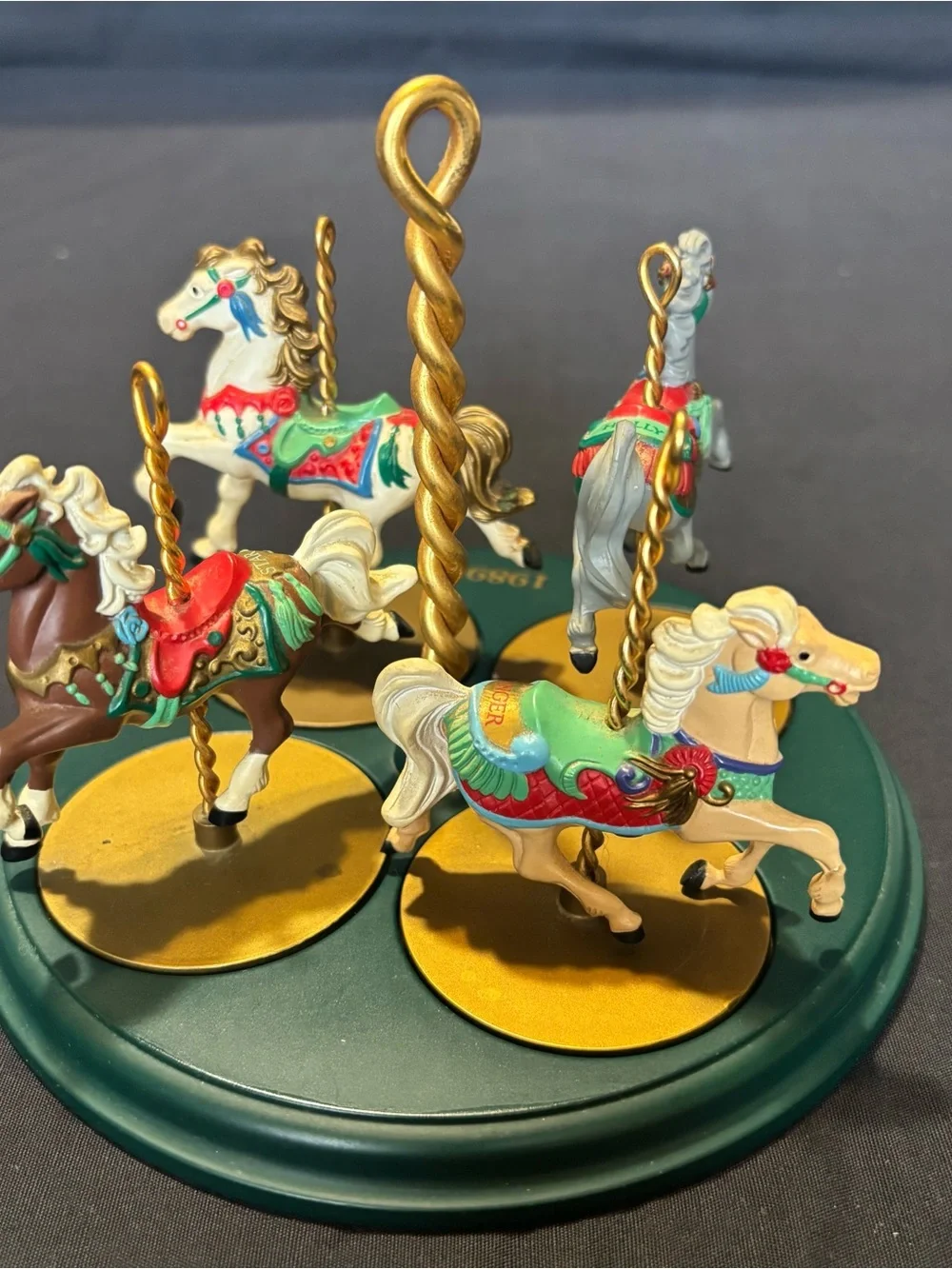 Vintage 1989 Hallmark Christmas Carousel Horse Ornament Toy Set - Green & Gold